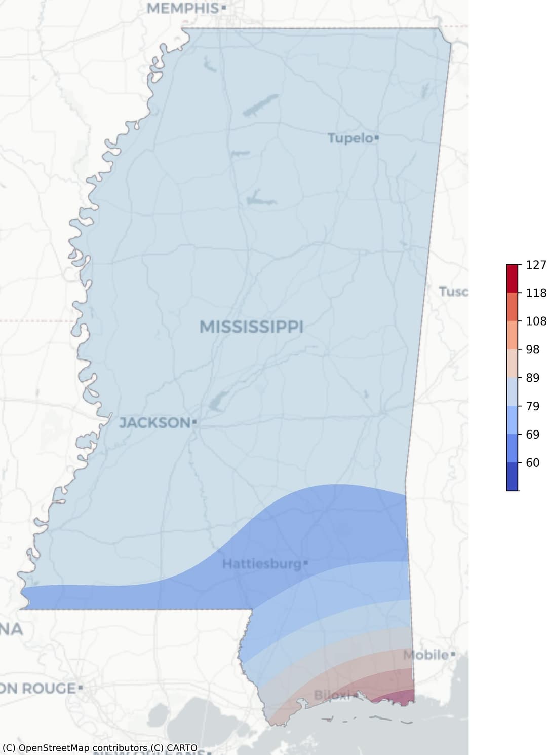 Mississippi tropical cyclone risk heat map: Regions color-coded based on frequency of hurricanes and tropical storms, weighted by wind speed, derived from NOAA's historical cyclone track data